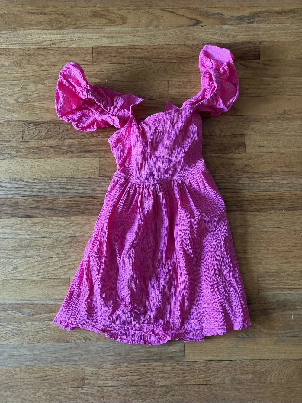 Fuchsia Puff-Sleeve Midi Dress with Textured Fabric